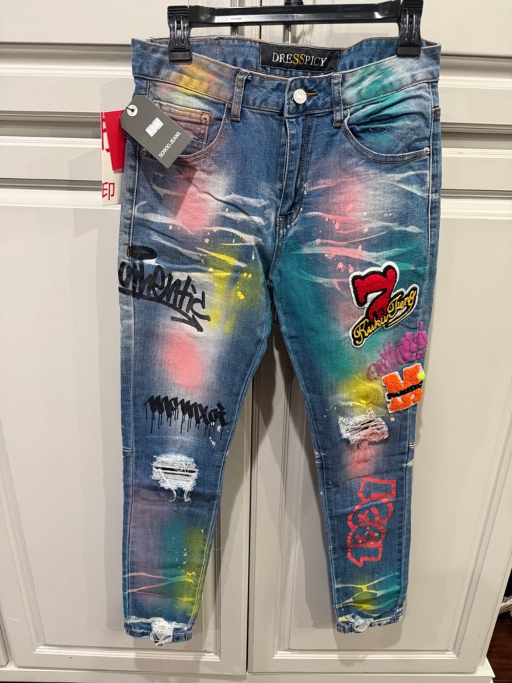 New Men's  Multicolor Graphic Distressed Jeans 32/20